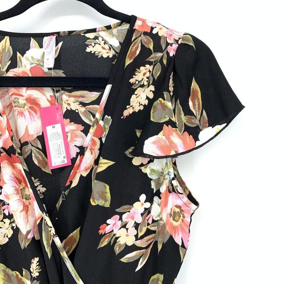Xhilaration Women's Size Medium Ruffle Faux Wrap Dress Black Pink Floral NWT - Picture 3 of 7